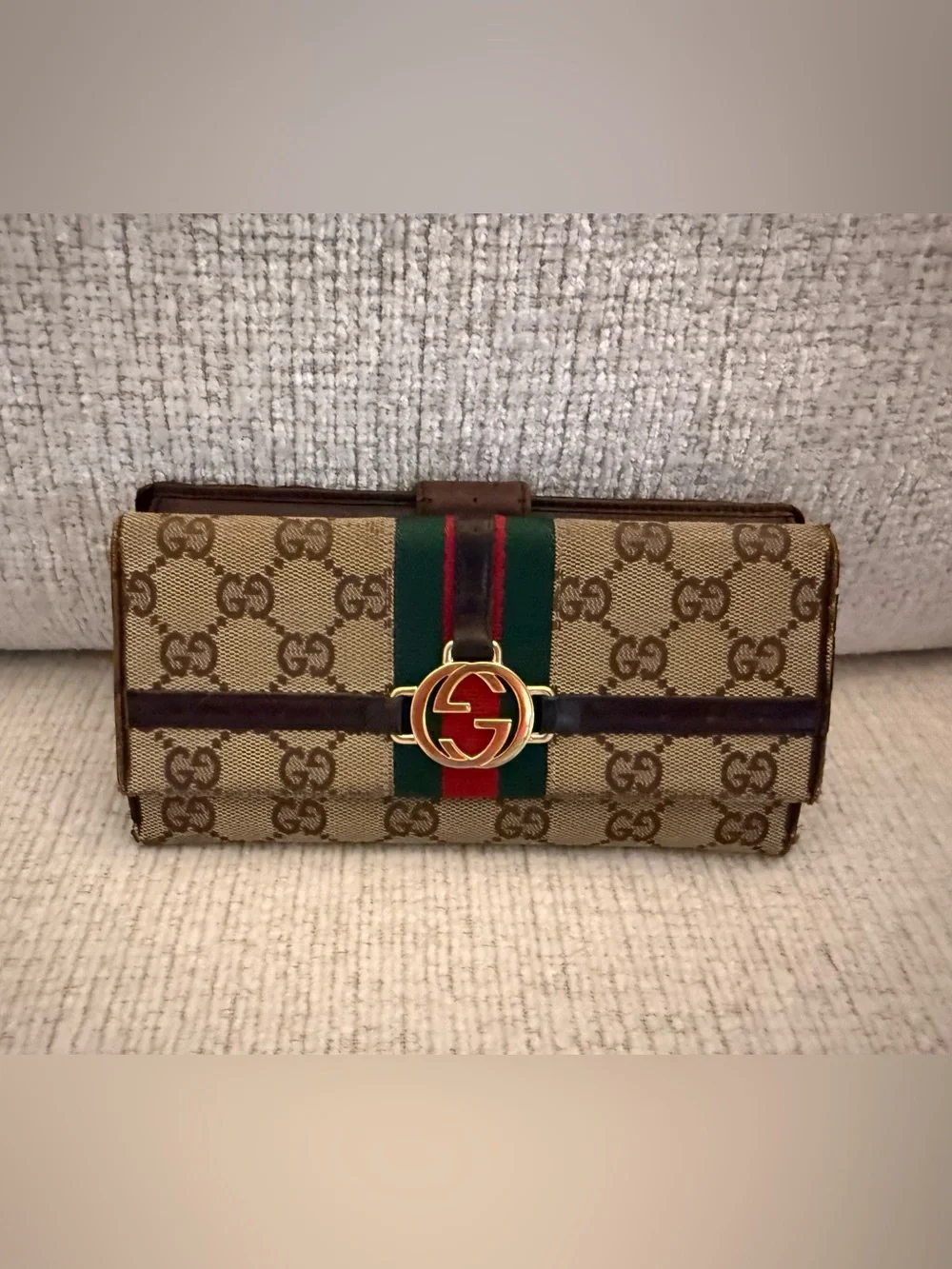 Gucci Monogram Canvas Wallet with Green and Red Sherry Line Long Wallet